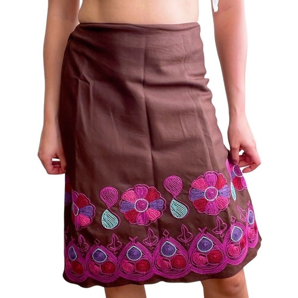 Vintage 90s Earthy Whimsy Cottagecore Embroidered Chocolate Brown Silk Skirt